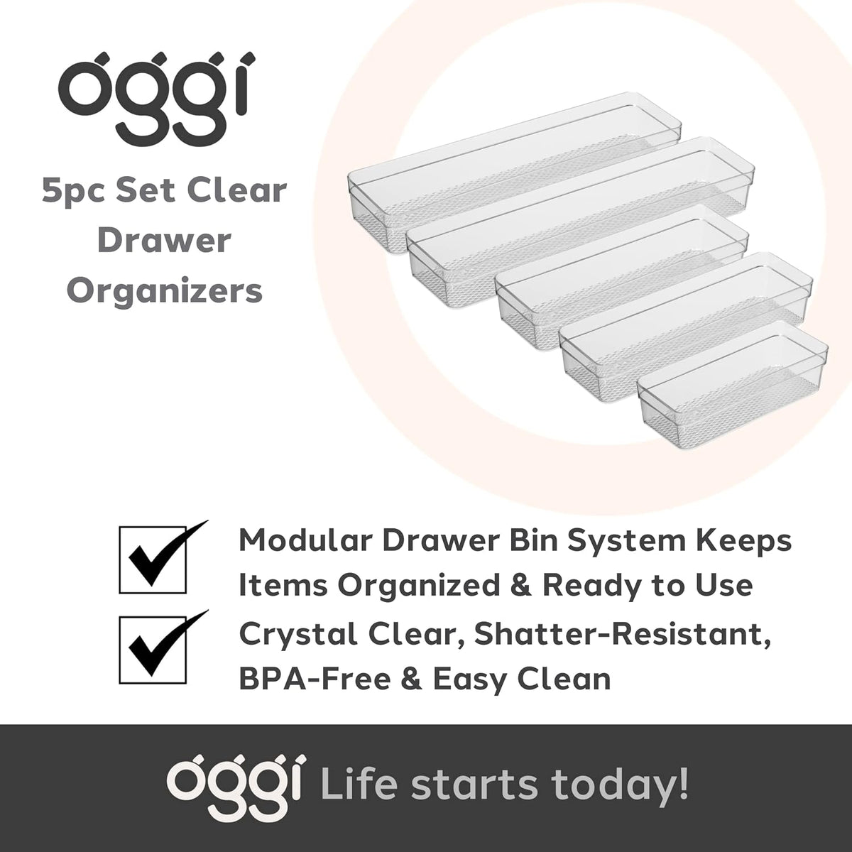 Oggi Clear Drawer Organizer - 3" X 12.5" - Ideal for Organizing Kitchen Drawers, Office, Desk, Silverware, Kitchen Utensils, Cosmetics and Bathrooms