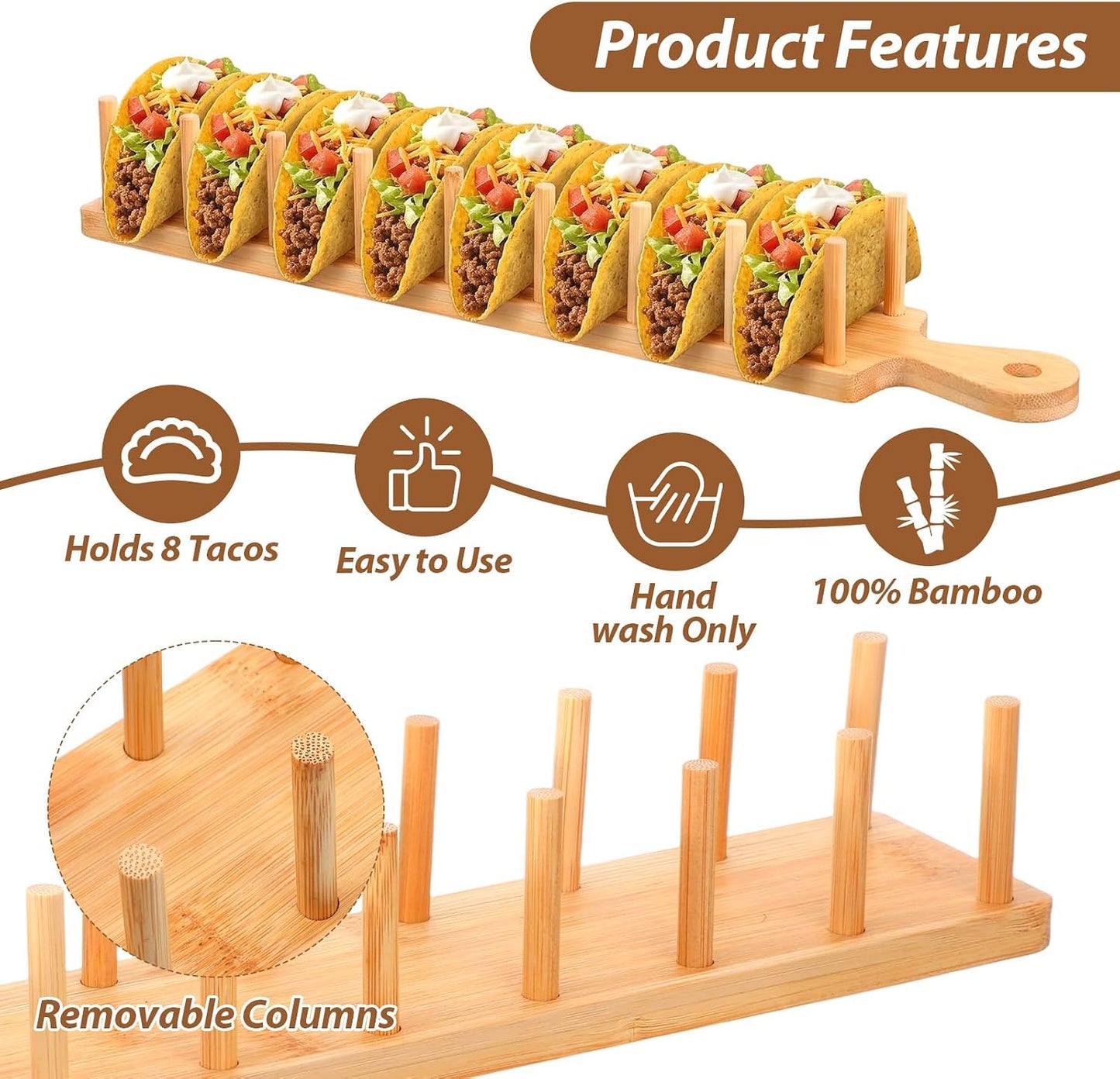 2-Pack Bamboo Taco Holder with Tongs, Each Holds 8 Tacos, Wooden Tacos Rack Tray Stand for Hard or Soft Shells, Burritos, Tortillas, for Taco Night, Party, Kitchen Accessories, Housewarming Gift