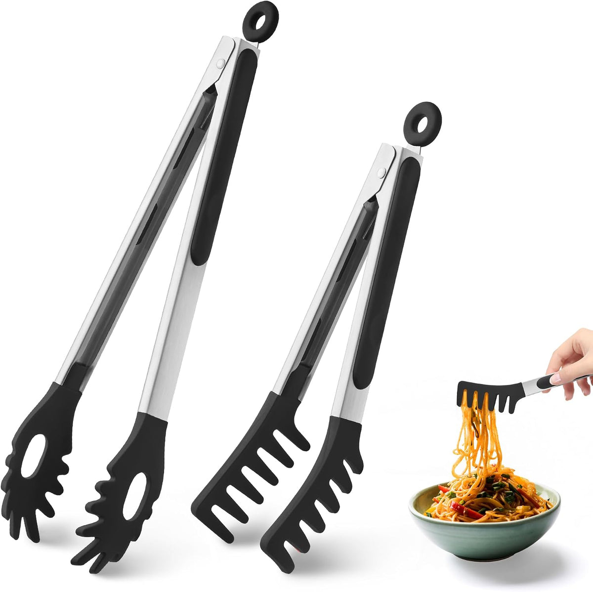 2 PCS Pasta Tong Spaghetti Tongs, 9" & 12-Inch Heat Resistant Pasta Tongs