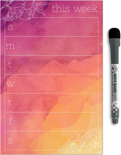 Dry Erase Weekly Calendar Planner Sticker Decal | Removable & Reusable | Magnetic Fine-Tip Marker Included (6 x 9 inches, White)