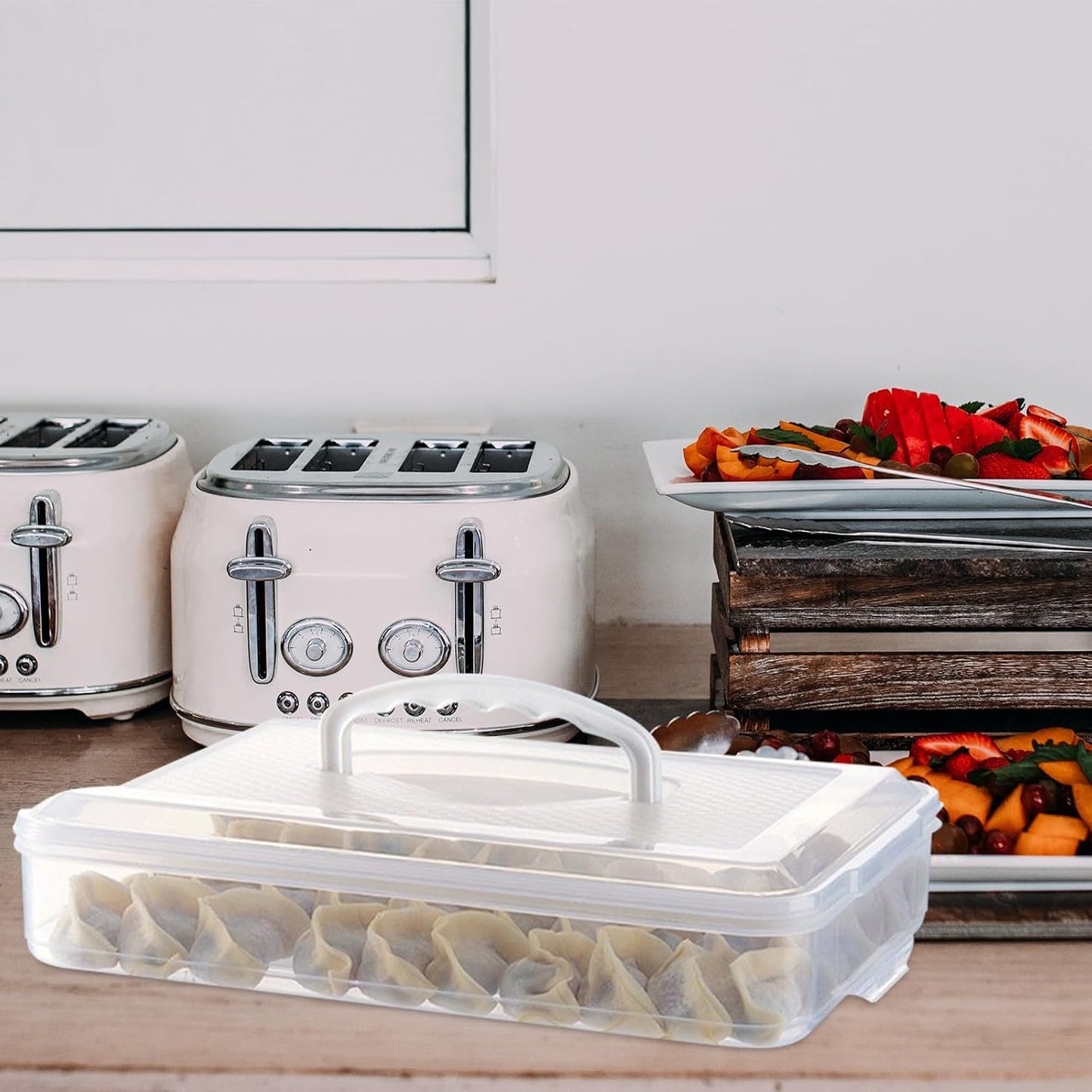 Dumpling Container with Lid for Freezer, Airtight Food Storage Box 31x22x7cm, Stackable Refrigerator Organizer Tray for Dumplings and Wontons