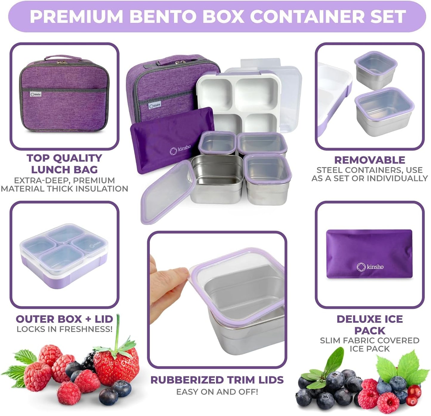 Stainless Steel Bento Lunch Box Set For Adults, Kids - Insulated Bag And Ice Pack - Leak-Proof Metal Compartment Meal Prep Food & Snack Containers For Work Travel School Daycare, 42 Oz Grey Black