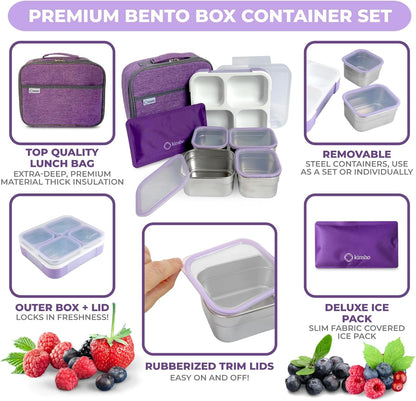 Stainless Steel Bento Lunch Box Set For Adults, Kids - Insulated Bag And Ice Pack - Leak-Proof Metal Compartment Meal Prep Food & Snack Containers For Work Travel School Daycare, 42 Oz Grey Black