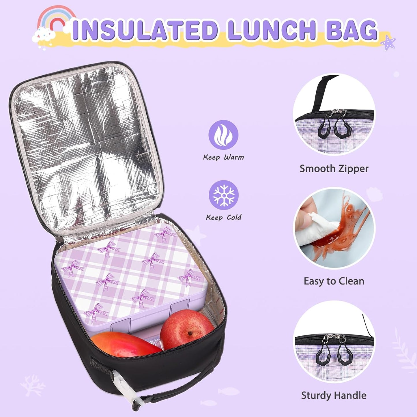 ACESAK Backpack for Girls - Bento Box with Insulated Lunch Bag Pencil Case & Utensils Set for Kids, 4 Leakproof Compartments Removable Tray Lunches or Snack Container for School (Black Purple)