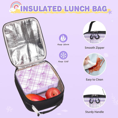 ACESAK Backpack for Girls - Bento Box with Insulated Lunch Bag Pencil Case & Utensils Set for Kids, 4 Leakproof Compartments Removable Tray Lunches or Snack Container for School (Black Purple)
