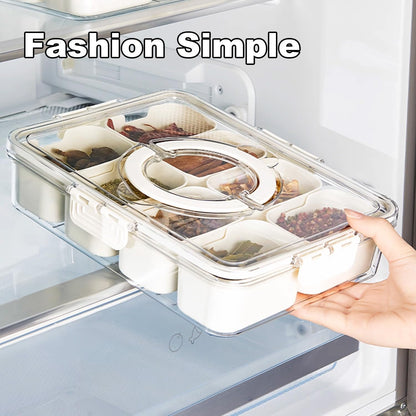 Snackle Box Container,Portable Snack Box 8 Compartment Divided Serving Tray with Lid and Handle,Clear Storage Organizer for Fruit Candy Nuts Perfect for Road Travel Party