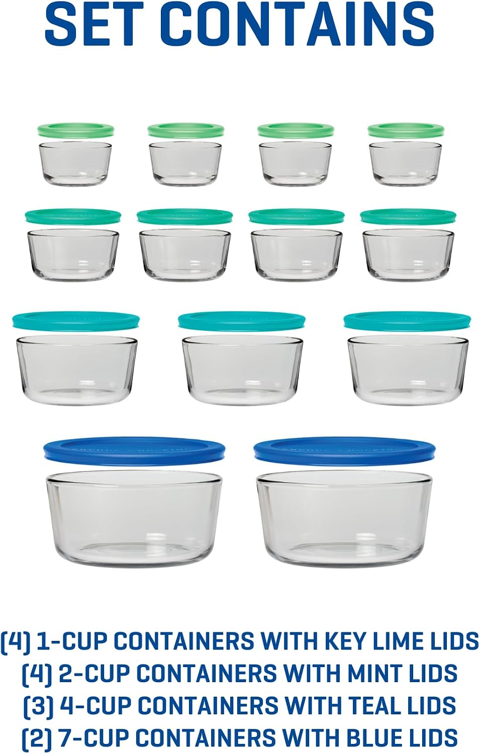 Anchor Hocking 12 Piece Glass Storage Containers with Lids (6 Glass Food Storage Containers & 6 Navy Blue SnugFit Lids)