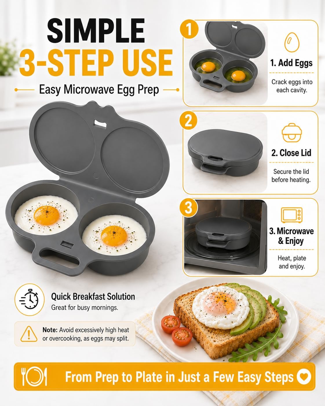 Microwave Egg Poacher, 2 Egg Cooker with Lid, Dual Cavity Design, Black