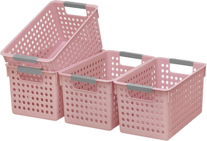 Soddeph 4 Pack Plastic Deep Storage Basket with Handles, Cubbies Organizer Bins with Hollow Design for Under Counter, Closet, Kitchen or Bathroom 12.3" × 8.7" × 6.9"(White, Medium)