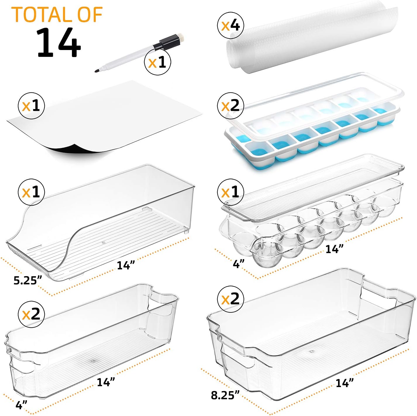 Etienne Alair Fridge Organizer-14 Refrigerator Bins Freezer Organizer Durable, Stackable Containers with Handles, 14 Piece Set
