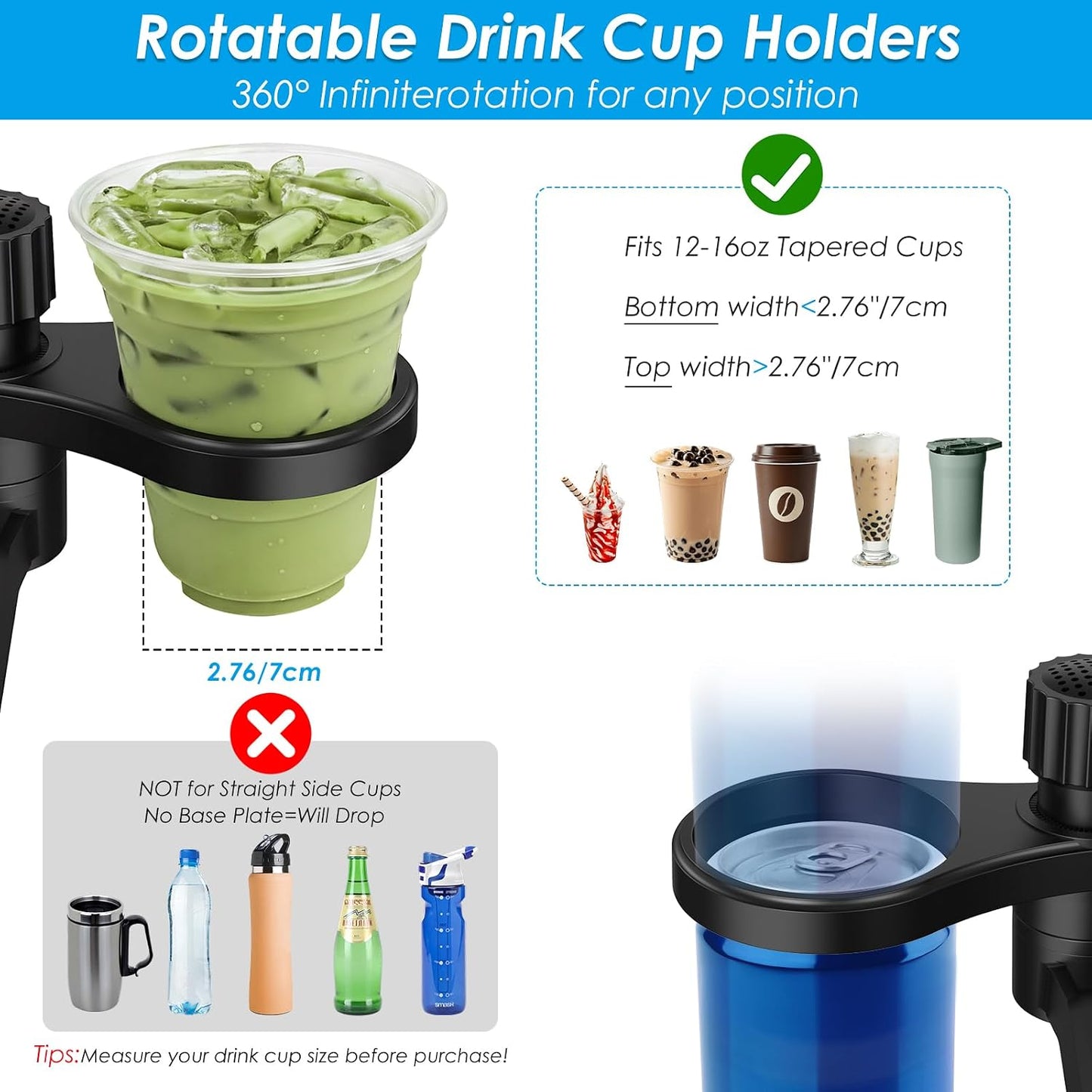 Biupky Car Cup Holder Expander, 4-in-1 Universal Cup Holder Tray Compatible with 2.6" to 3.94", Multi Cup Holders Table with Large Food Tray Phone Mount, for Travel Auto Trucker Road Trip Essentials