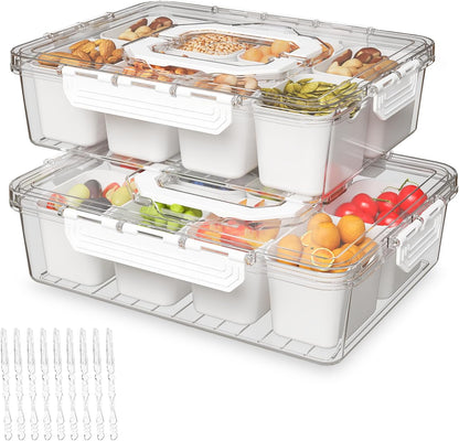 REBECAT Divided Serving Tray with Lid and Handles 9 Compartments Snack Box Container Charcuterie Organizer Snackle Box Container for Candy,Nuts，Fruits,Snacks,2 Pack,Beige