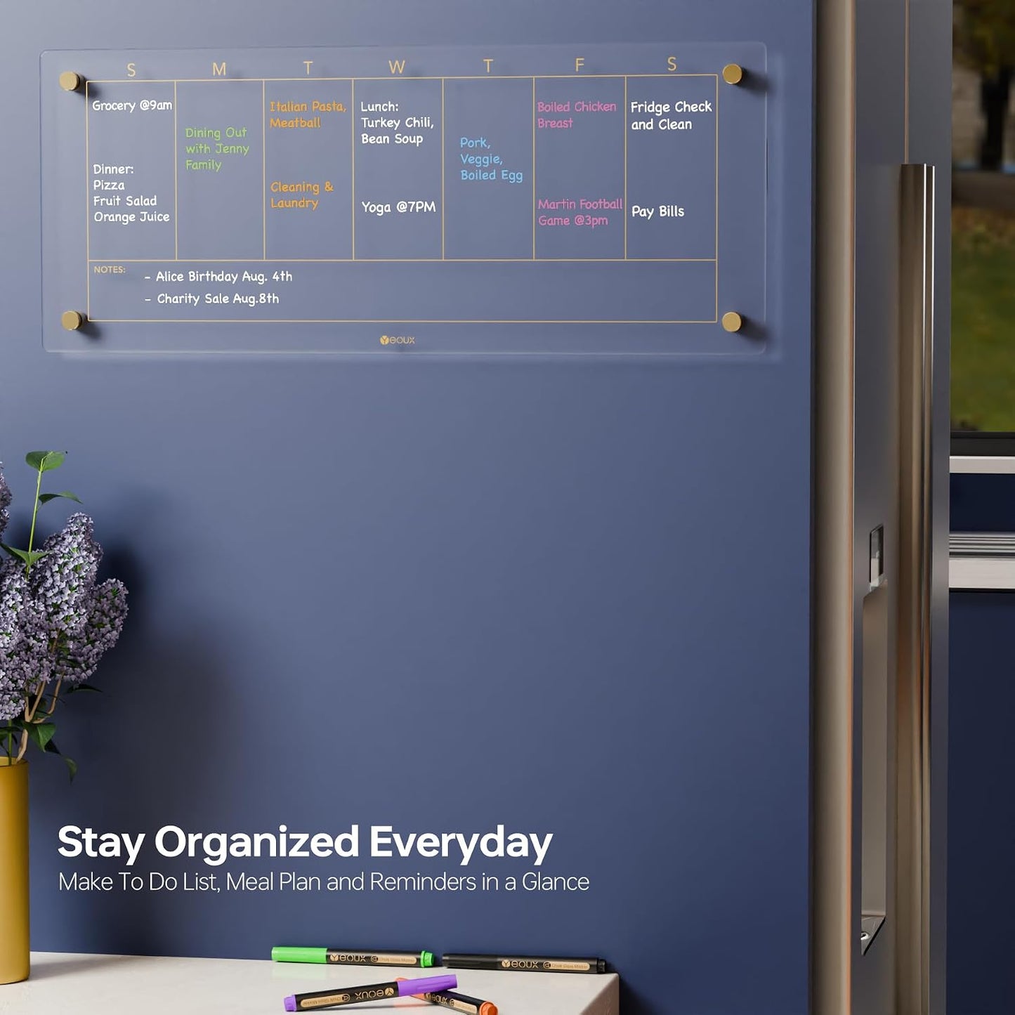 Clear Glass Weekly Dry Erase Calendar & Menu Non-Magnetic Whiteboard for Wall, Meal Plan & Grocery List White Board for Kitchen, 15x11, 7 Days Home Planner, 4 Wet Erase Markers Included, Yeoux