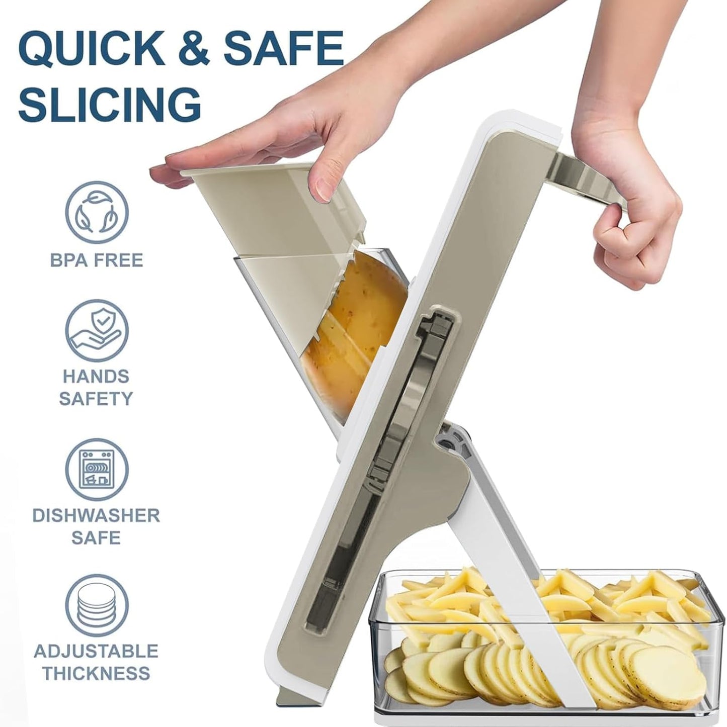 Eletronova Safe Mandoline Slicer for Kitchen, Vegetable Slicer with Container, French Fry Cutter, All in 1 Julienne Slicer for Potato, Thickness Adjustable, Detachable Blade (Gray)