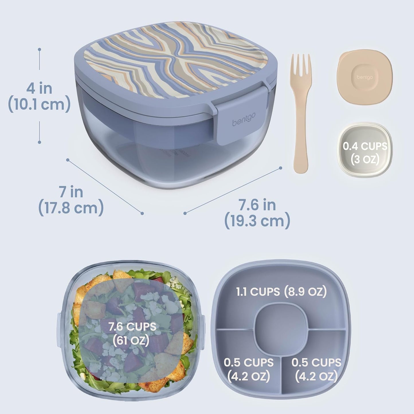 Bentgo Glass Salad Container - 7.6-Cup Salad Bowl with Airtight Lid, Leak-Proof Sauce Container, 4-Compartment Bento Tray & Reusable Fork - BPA-Free for Meal Prep, Office & More (Light Blue)