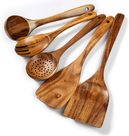 Wooden Spatulas, Natural Acacia Wooden Cooking Utensils Set for Non-stick Pan Kitchen Tool, flipping and Wok Spatula, Wooden Spoons & Spurtle for Cooking