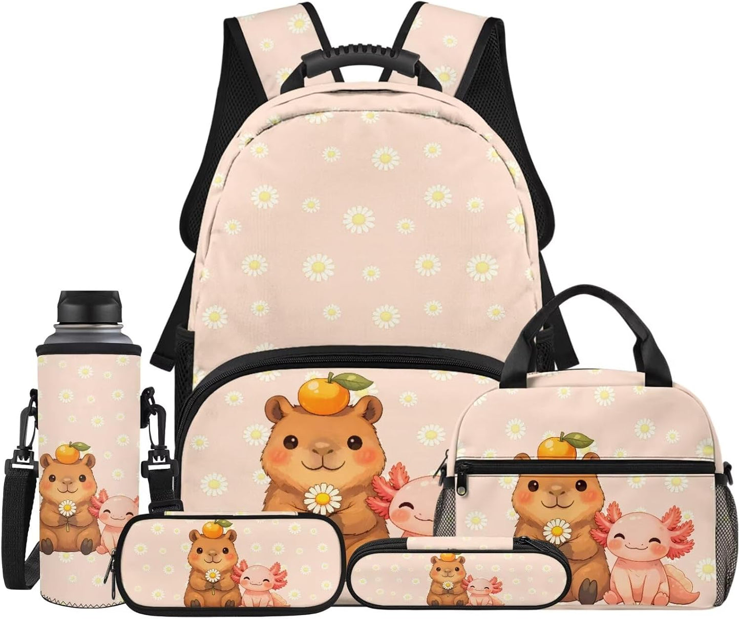 Cute Capybara Pizza Backpack for Girls, 5 Pcs Boys School Bag Set for Kids, 17 Inch Backpacks Lunch Pencil Box Reusable Utensils Case Set for Middle Elementary School, 3rd Grade Backpack