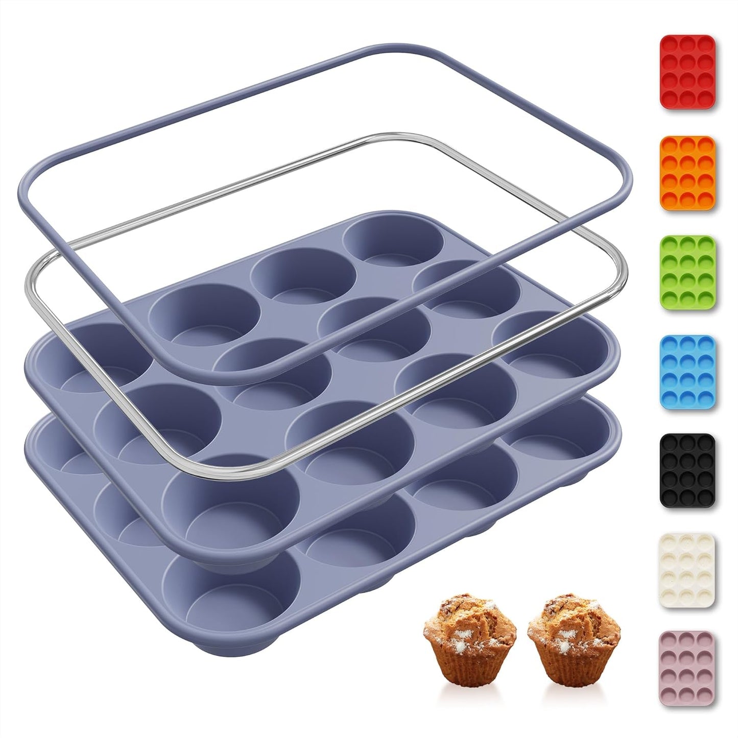 2 Pack 12 Cups Silicone Muffin Pan with Metal Reinforced Frame Regular Size Silicone Molds Cupcake Cake Baking Pans Cookie Baking Chocoflan Cupcake Mold Nonstick Muffin Tin Home Baking Supplies