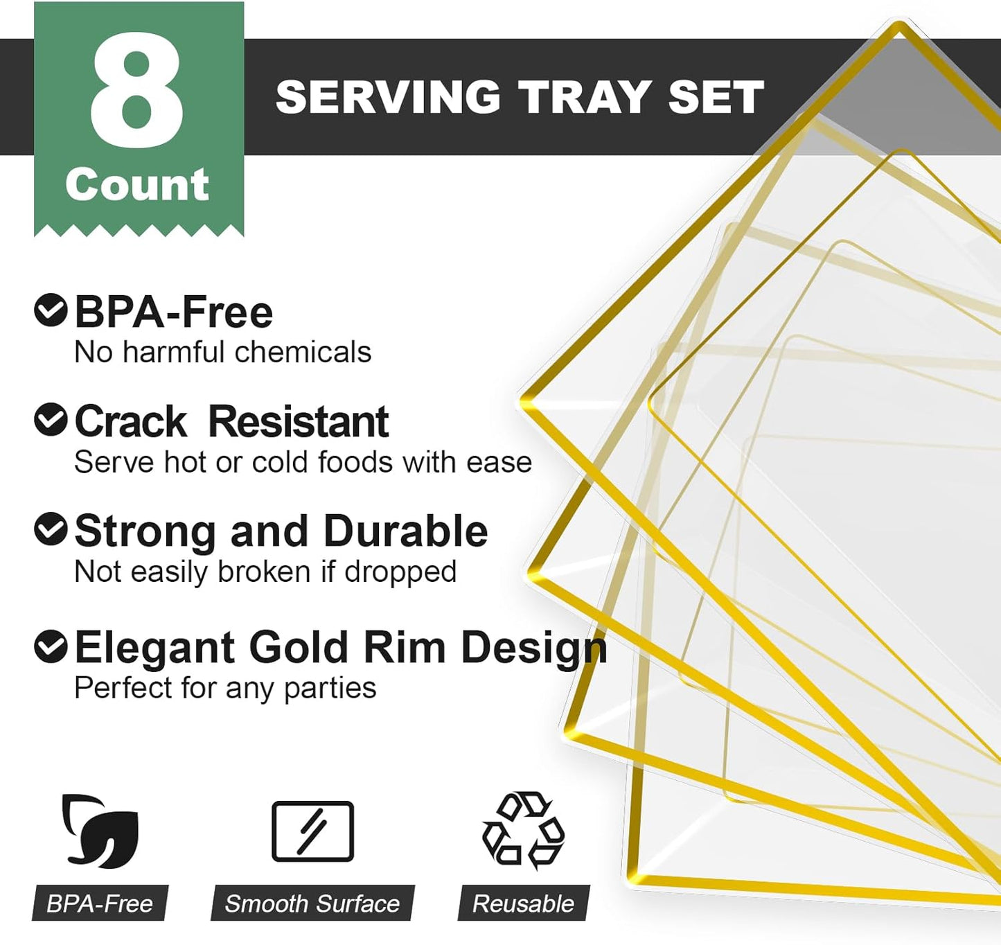 FOCUSLINE 8 PCS Plastic Serving Trays, White and Gold Rim Plastic Serving Platters, Disposable Tray for Food, Perfect for Wedding Parties