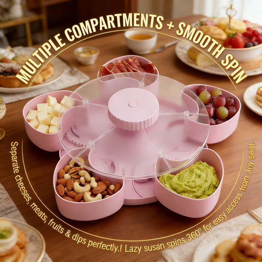 Divided Serving Tray that Spins, Snack Spinner with Lid & 5 Compartments, Divided Serving Tray that Spins Perfect for Snacks Candy Nuts Appetizers, Ideal for Kitchen Party Picnic (Gray)