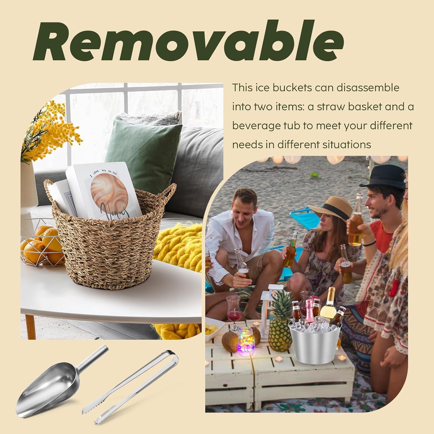 5 Quart Ice Bucket with Wicker Outer Basket, Scoop, Tong and Handle, Beverage Tub Grass Rope Woven Farmhouse Galvanized Bucket for Party Seaside Bar Buffet Wine Beer Bottle