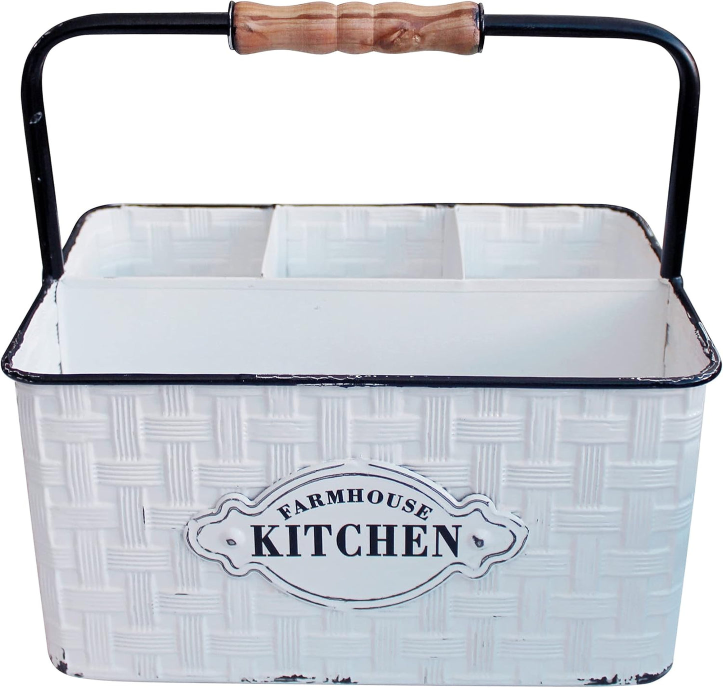 CVHOMEDECO. Rustic Distressed Metal Silverware Organizer Utensil Caddy, Flatware holder, Tabletop Organizer, Enamel Finish with Wood handle and 4 Compartments, White