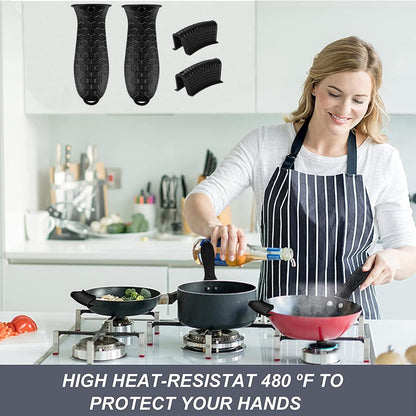 4 Pcs Non-Slip Silicone Hot Handle Holder & Assist Grips, Potholder for Cast Iron Skillets, Heat Resistant Handle Cover Sleeve for Frying Pans, Casserole, Cookware Handles, Lake Blue