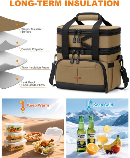 Pritent Lunch Box For Men Women Double Deck Insulated Lunch Bag For Men Woman Leakproof Expandable Cooler Bag with Adjustable Shoulder Strap for Kids Shool Work Picnic Camping(Beige,Large)