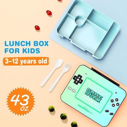 ACESAK Game luminous Boys Backpack - Bento Box with Insulated Lunch Bag Pencil Case, Utensils Set for Kids, 6 Leakproof Compartments Removable Tray Lunches or Snack Container (Blue)