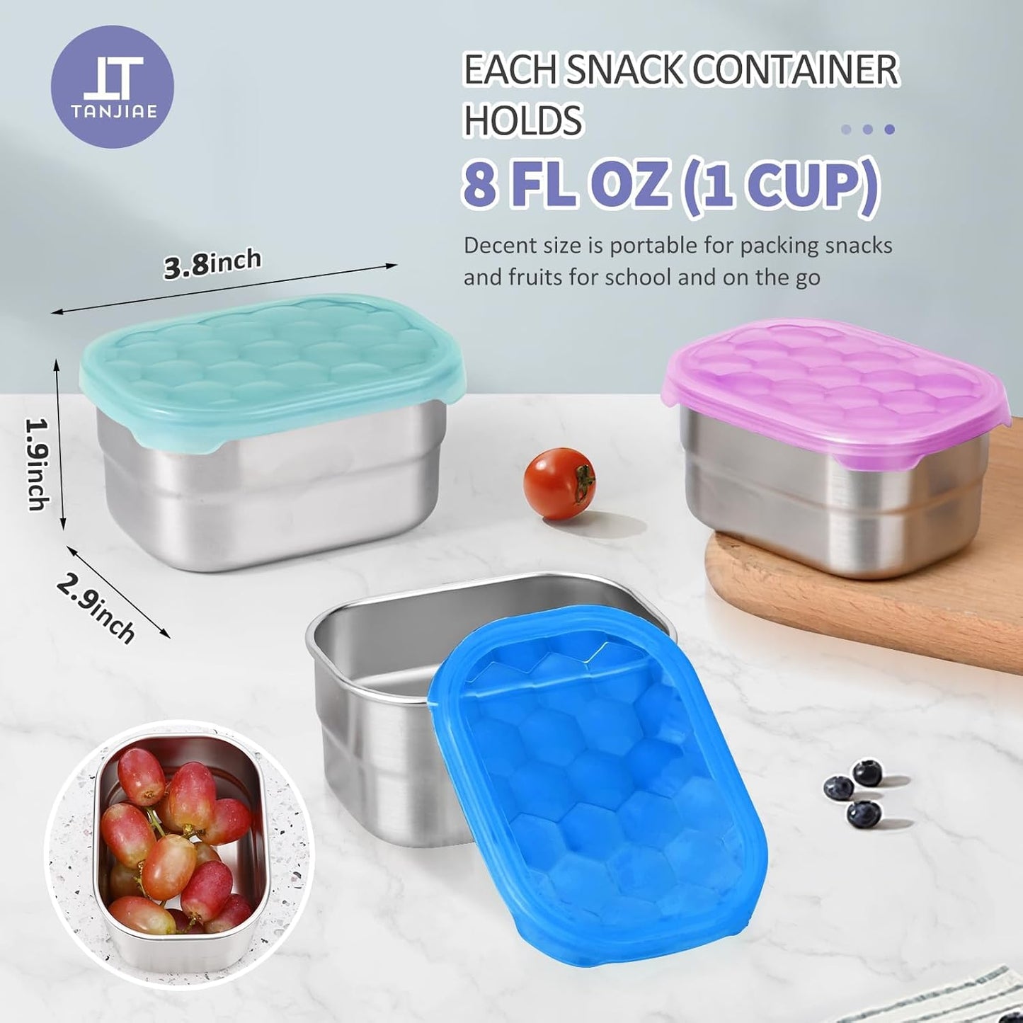 Tanjiae Small (1 CUP) Stainless Steel Snack Containers for Kids | Easy Open Leak Proof Food Containers with Silicone Lids - Perfect Metal Toddler Lunch Box for Daycare and School (8oz)