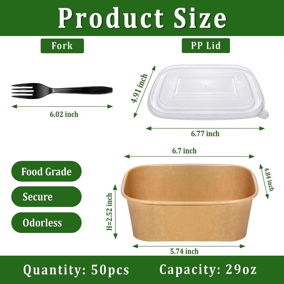 50 Pack 29oz Disposable Meal Prep Containers with Lids and Forks, Microwave and Freezer Safe Kraft Paper Bowls for Salad Noodles, Take Out Containers for Hot/Cold Food