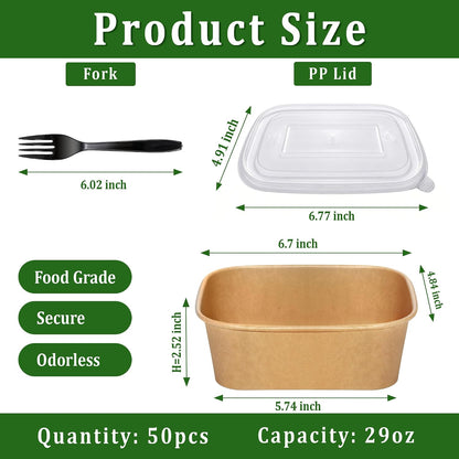 50 Pack 29oz Disposable Meal Prep Containers with Lids and Forks, Microwave and Freezer Safe Kraft Paper Bowls for Salad Noodles, Take Out Containers for Hot/Cold Food