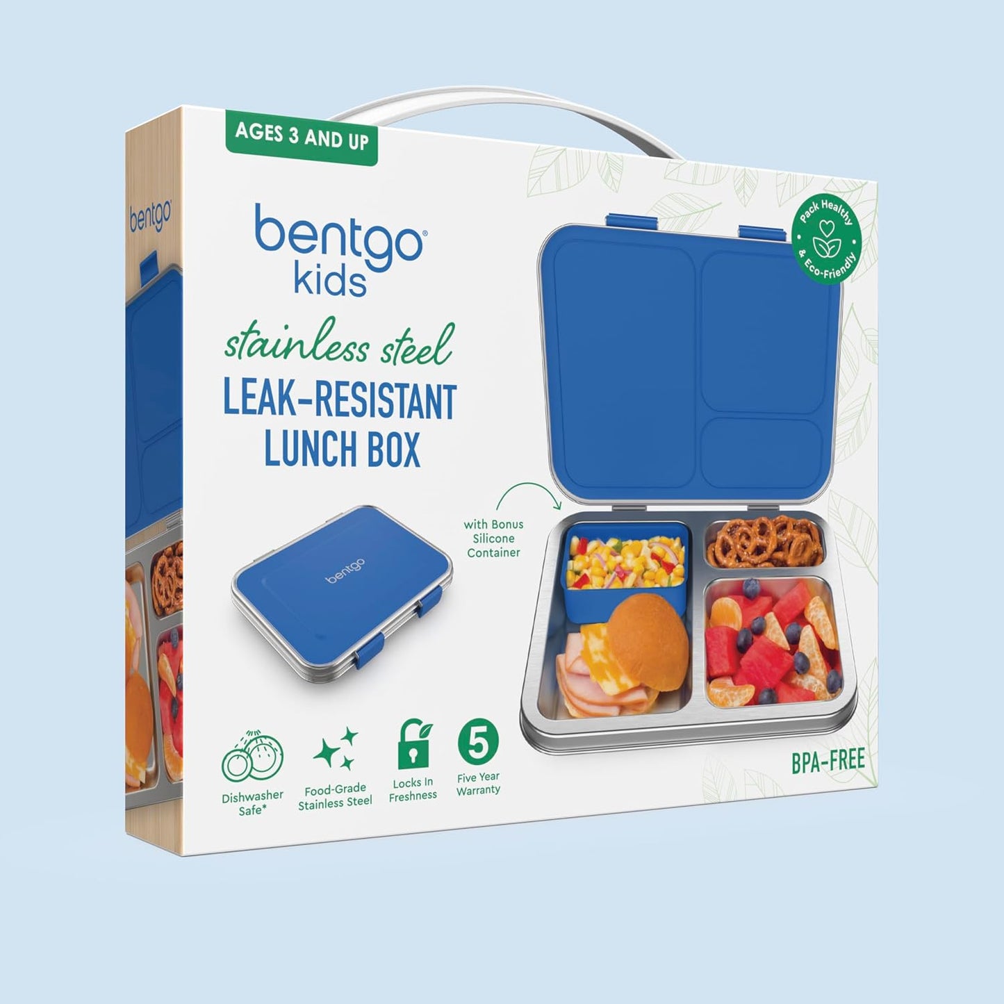 Bentgo Kids Stainless Steel Leak-Resistant Lunch Box - 3-Compartments with Bonus Silicone Container, Durable, Eco-Friendly, Dishwasher Safe, BPA-Free, Ideal for School, Ages 3+ (Silver)