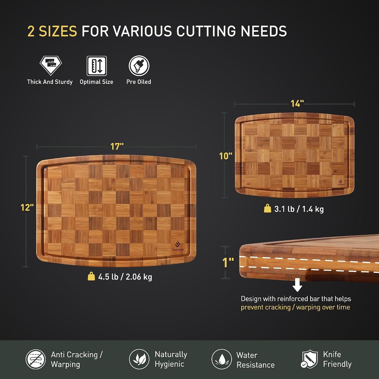 3 Pack Bamboo Cutting Board Set Non Toxic Wooden Cutting Board for Kitchen Non Slip Solid End Grain Thick Wood Juice Groove Chopping Board Edge Grain Teak Smart Marble Flexible Round Stone Metal