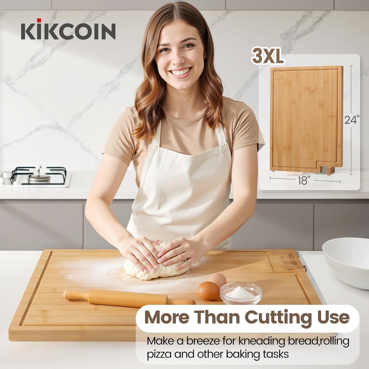 Kikcoin Bamboo Cutting Boards for Kitchen Set of 3, Extra Large Wood Cutting Board with Rotating Kickstand & Juice Groove, Wooden Chopping Board for Meats Veges Fruits, Heavy Duty Serving Tray