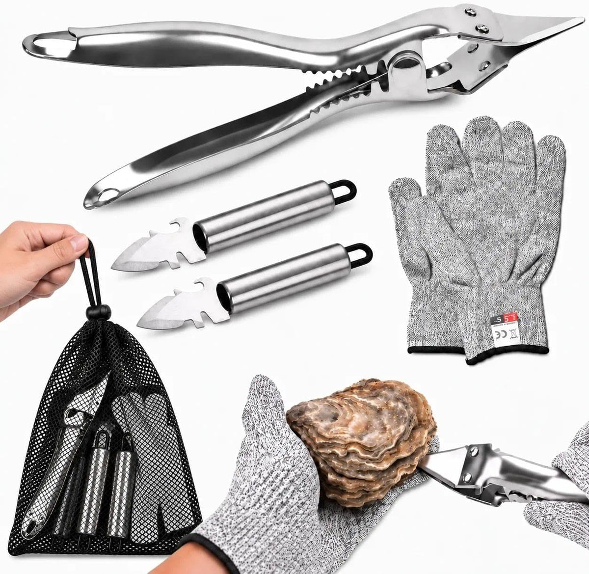 5 Pcs Oyster Shucker Machine 2026 New Oyster Opener Kit Professional Stainless Steel Clamp with 2 Knives Cut Resistant Glove Mesh Bag Helps Keep Juice for Seafood BBQ Camping Kitchen