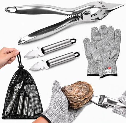 5 Pcs Oyster Shucker Machine 2026 New Oyster Opener Kit Professional Stainless Steel Clamp with 2 Knives Cut Resistant Glove Mesh Bag Helps Keep Juice for Seafood BBQ Camping Kitchen