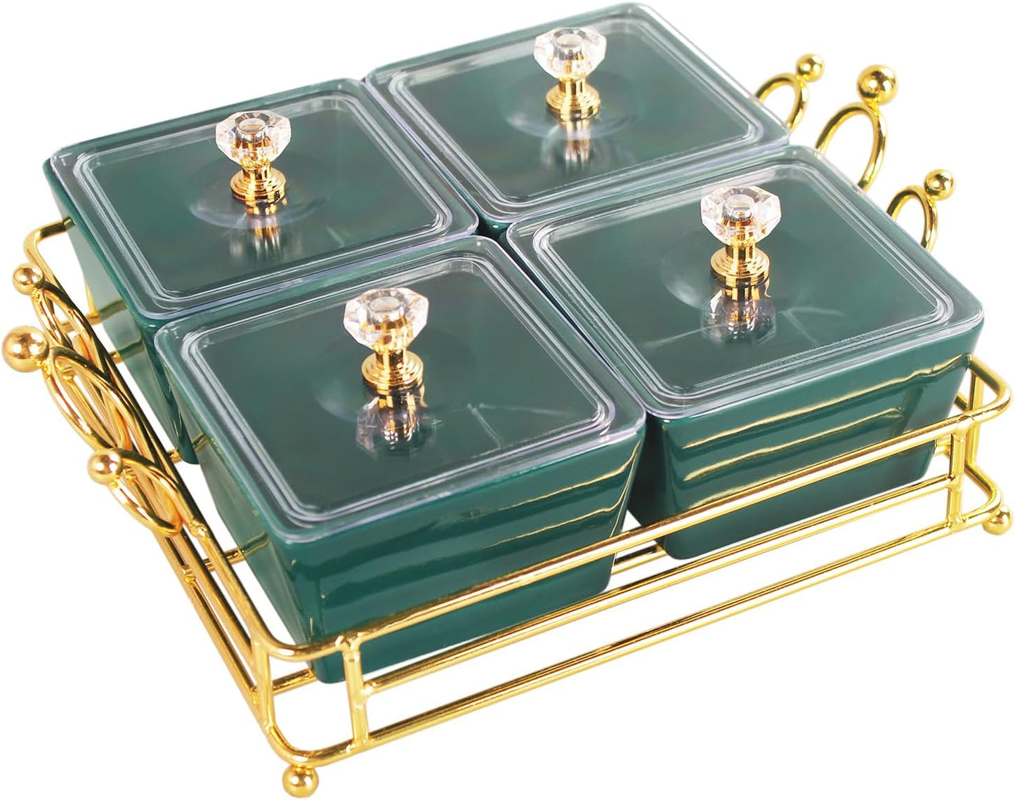 YA JU Ceramic Bowls and with Lid Gold Basket Trays, 6 Removable Small Bowls Condiment Trays Nut Serving Set for Snacks, Fruits, Candy and Condiments -Great for Parties, Holiday Gifts, White