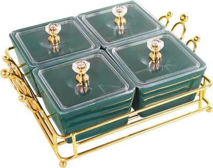 YA JU Ceramic Bowls and with Lid Gold Basket Trays, 6 Removable Small Bowls Condiment Trays Nut Serving Set for Snacks, Fruits, Candy and Condiments -Great for Parties, Holiday Gifts, White