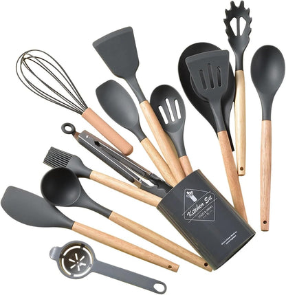 Eco-Friendly Silicone Kitchen Utensil Set, 12-Piece Nonstick Cooking Tools with Plastic Holder Stand (BPA-Free)