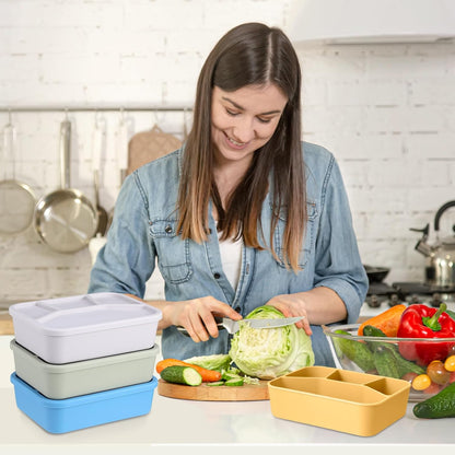 Honeydak 6 Pcs Silicone Bento Box Reusable Lunch Container 4 Compartment Snack Boxes with Lid Smooth LeakProof Rectangle Food Boxes for Adult Work Travel Food Storage (Cute Color)