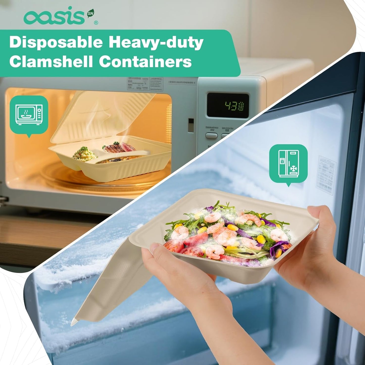𝟴𝘅𝟴", 𝟲𝟴-𝗣𝗮𝗰𝗸 3-Compartment Clamshell Takeout Containers, 100% Compostable Heavy-Duty Disposable Paper Lunch Boxes(White)