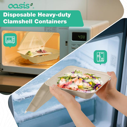 𝟴𝘅𝟴", 𝟲𝟴-𝗣𝗮𝗰𝗸 3-Compartment Clamshell Takeout Containers, 100% Compostable Heavy-Duty Disposable Paper Lunch Boxes(White)