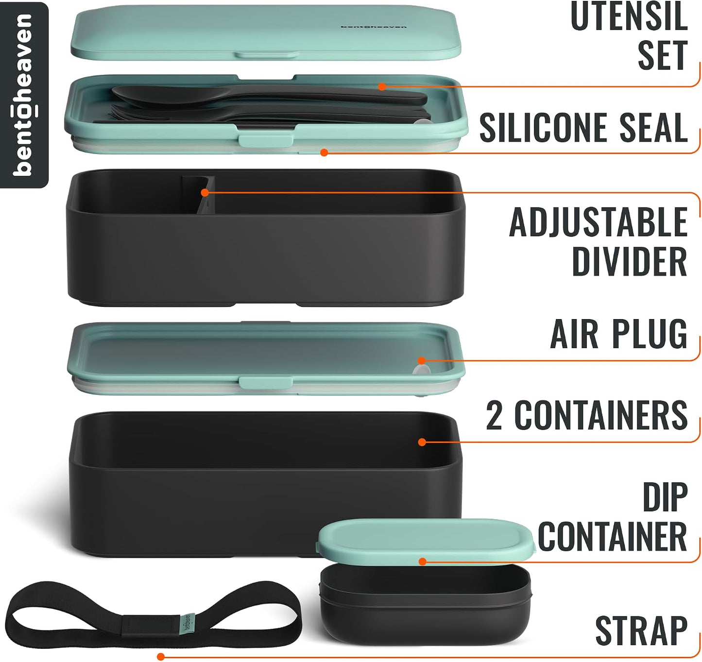 Bentoheaven Premium Bento Box Adult Lunch Box with Compartments for Women & Men, Set of Utensil & Chopsticks & Dip Container, Cute Japanese Kids Bento Lunch Box, Microwavable (Symph Onyx)