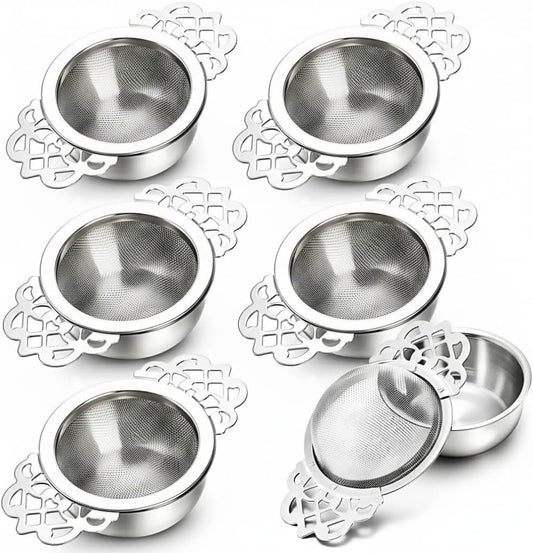 6 Pack Mesh Tea Filter Strainers, 304 Stainless Metal Tea Infuser, Tea Steeper with Handle and Drip Bowl for Loose Tea, Silver, 2.5 Inch