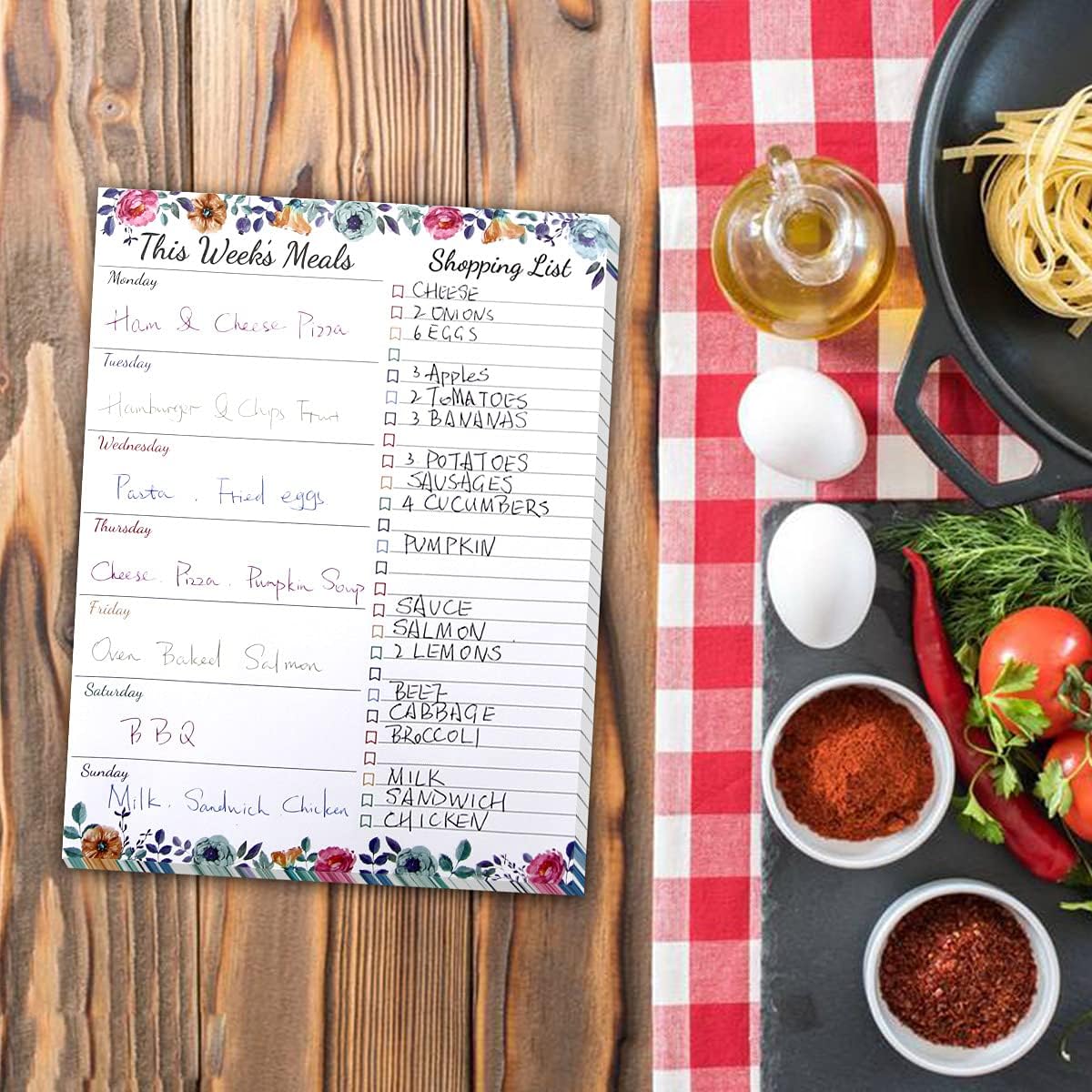 Fancy Land Weekly Meal Planner - Floral Magnetic Notepads for Refrigerator Meal Planning Pad with Tear Off Grocery List 52 weeks 7” X 9”