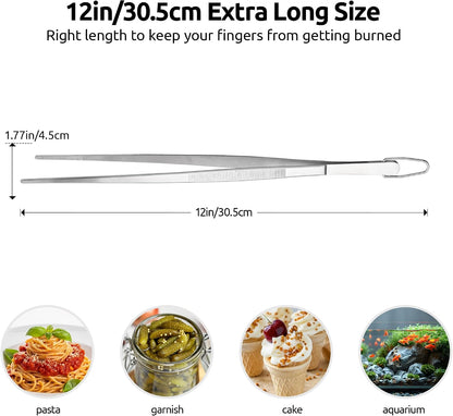 U-Taste 8"+10"+12" Kitchen Cooking Tweezer: 18/8 Stainless Steel Food-Grade Metal Food Tong, Flexible Pinching, Seamless-Welding and Sturdy for Serving Grilling Frying, Plating, Feeding (Pointed Tip)