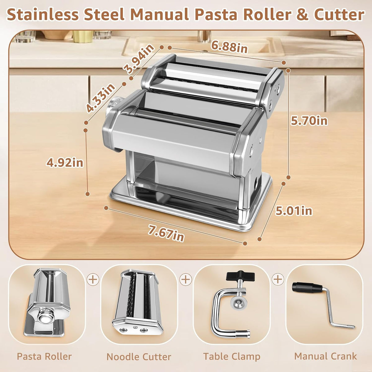 Pasta Maker - 7 Thickness Settings Roller & 2 Width Cutters Pasta Machine