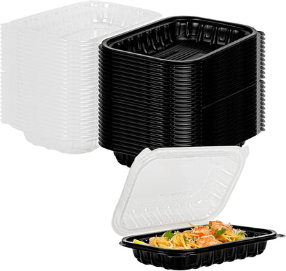 Thermo Tek 40 Ounce Clamshell Containers, 50 Disposable Take Out Boxes - 3 Compartments, Ventilated Lids, Black Plastic Meal Prep Containers, Microwavable, For Pasta Or Salads - Restaurantware