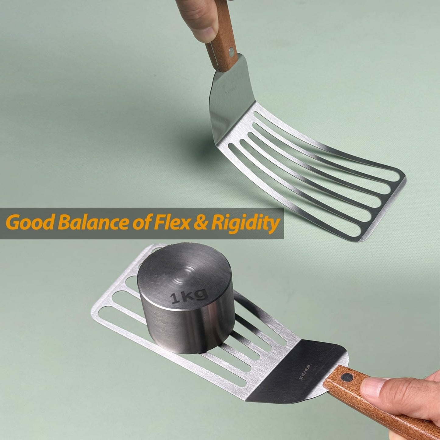 2 Pack Fish Spatula Turner, Stainless Steel Slotted Spatulas for Flipping, Turning, Frying & Grilling, 3"x6"+4"x8" Metal Slotted Spatulas, Wooden Full Tang Handle & Curved Blade